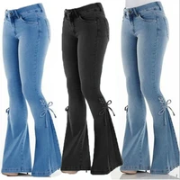 ladies jeans new fashion casual mid waist lace up denim trousers stretch jeans womens flared pants