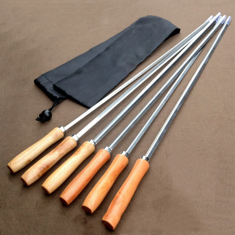 

6pcs BBQ Skewers 50cm V-type Long Handle Shish Kebab Barbecue Grill Stick Wood BBQ Fork Stainless steel Outdoors Grill Needle