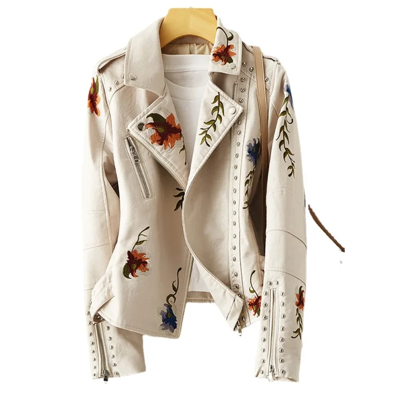 2023 New Women Retro Floral Print Embroidery Faux Soft Leather Jacket Coat Turndown Collar Pu Moto Biker Black Punk Outerwear