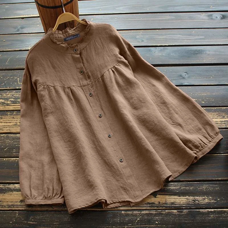 

Damska jesienna bluzka ZANZEA 2023 Kaftan koszule z falbanką Casual długim rękawem Blusas kobiet topy z guzikami