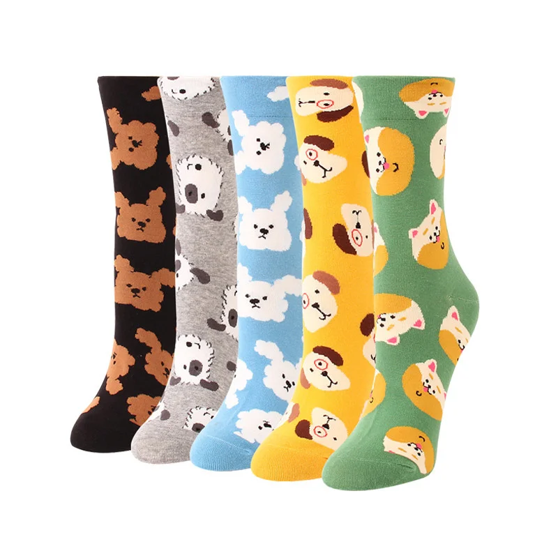 Colorful Women's Cartoon Cotton Socks 10 Pairs/Set Animal Pug Border Collie Patterned Female Ladies Korean Style Funny Tube Sock