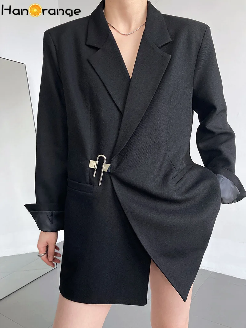 HanOrange Spring Black Blazer Jacket Women Metal Lock Design Simple Suit Jacket Casual Elegant Woman Clothes