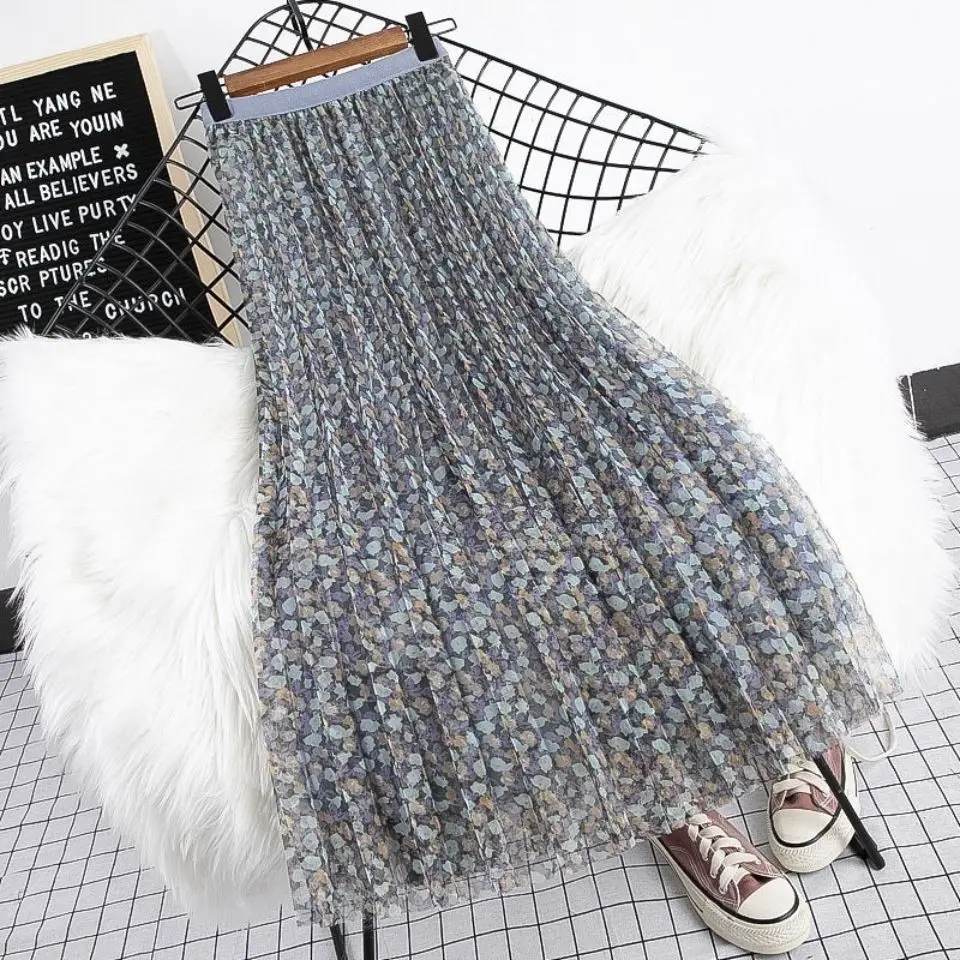 

Women 2022 Spring Summer New Floral Printed Mesh Tulle Mi-long Skirts Female High Waist Loose Skirts Ladies Pleated Skirts L76