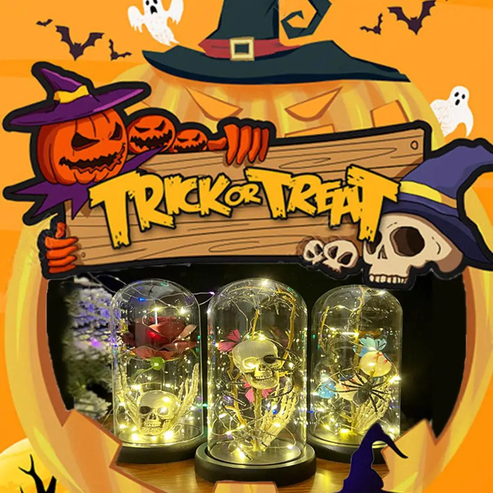 

Halloween Party Gift Glowing Glass Roses With Lights Decor Skull Gift Decor Home Tabletop Spider Lamp Ornament Crafts Night K9B4
