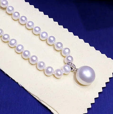 

9-10MM 100% genuine freshwater White Purple pink pearl necklace 14MM Pendant 925 silver clasp 18inch