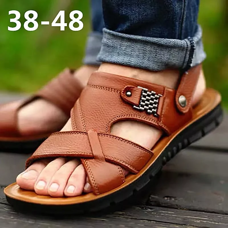 

sandals men anti-skid leather solid color walking shoes men sandals new thick heels dual use slippers man shoes