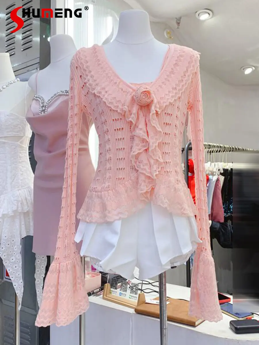 Heavy Industry Wooden Ear Hollow Knitted Cardigan Two-Piece Set Spring New Three-Dimensional Flower Bell Sleeve Ruffled Vest Top
