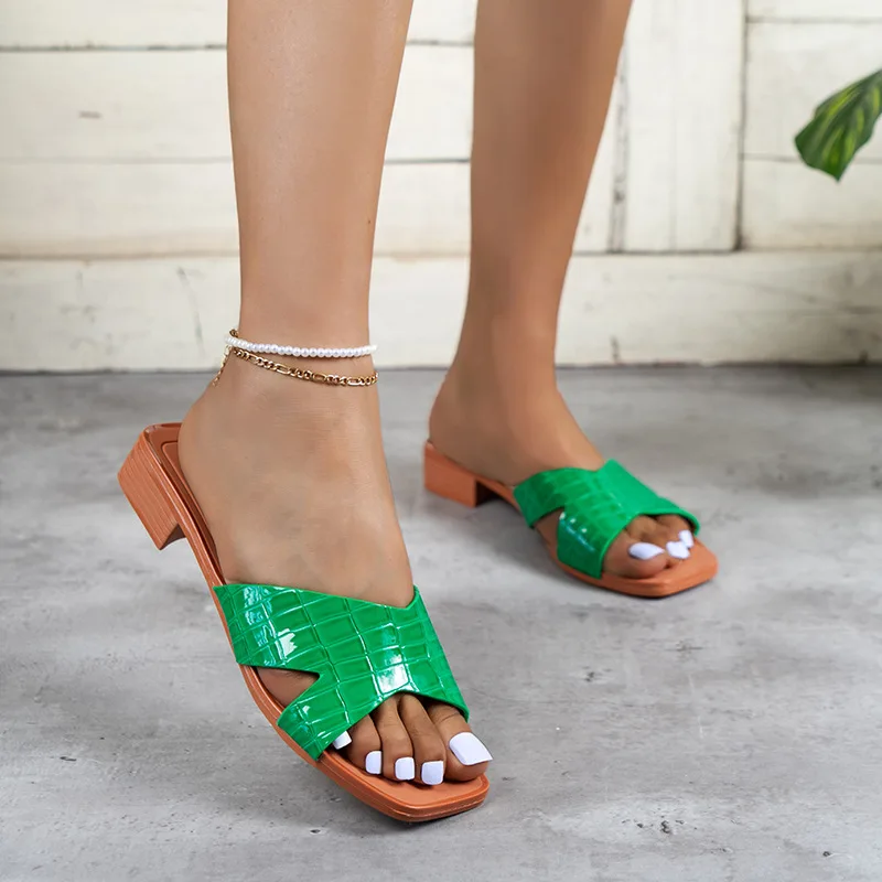 

2023 Sandals Women Square Heels Summer Sandal Peep Toe Ladies Slippers Crocodile Skin Wedge Shoes Sandalias De Verano Para Mujer