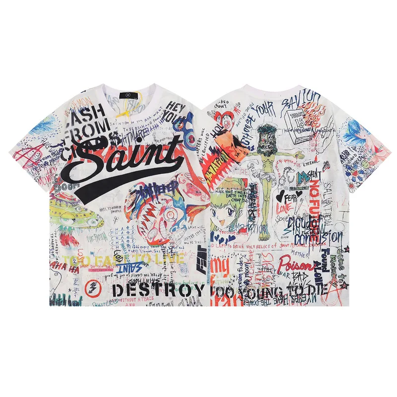 

Oversized short-sleeved T-shirt for men and women White Casual Cartoon Anime Graffiti T-Shirt 100% Cotton Tops Tees