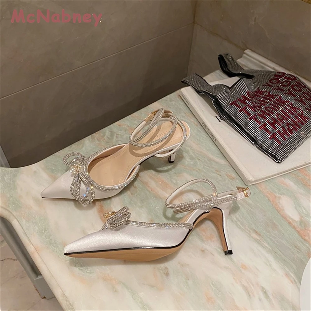 Glitter Women Pumps Crystal Bowknot Rhinestone Pointed Toe Stiletto Sandals Summer Lady Shoes High Heels Party Prom Shoes