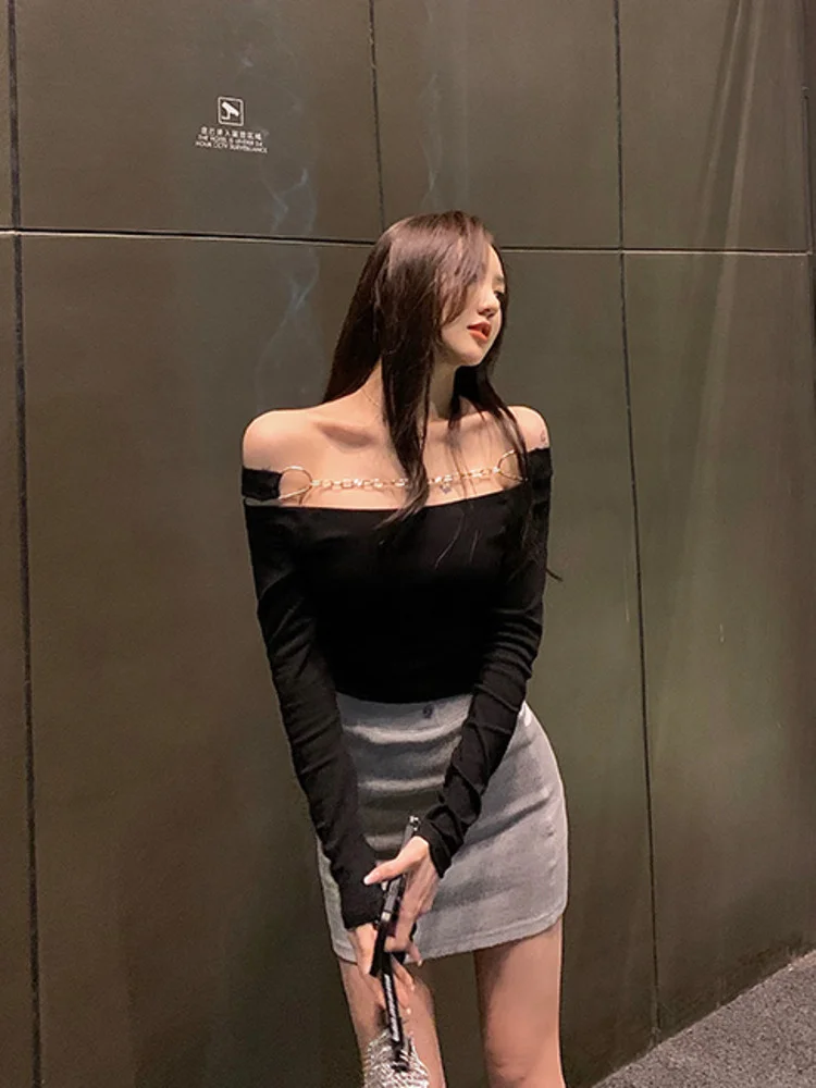 

Autumn chic Sweet metal chain sexy Slash neck long sleeve slim top women's tshirt tees sweet girl cute korean tops 3G4V