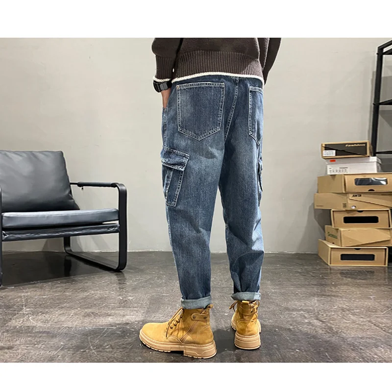 Streetwear Men New Pattern Blue Mop Pants Fashion Hip Hop Multiple Pockets Broad Leg Overalls Temperament Versatile Jeans Autumn