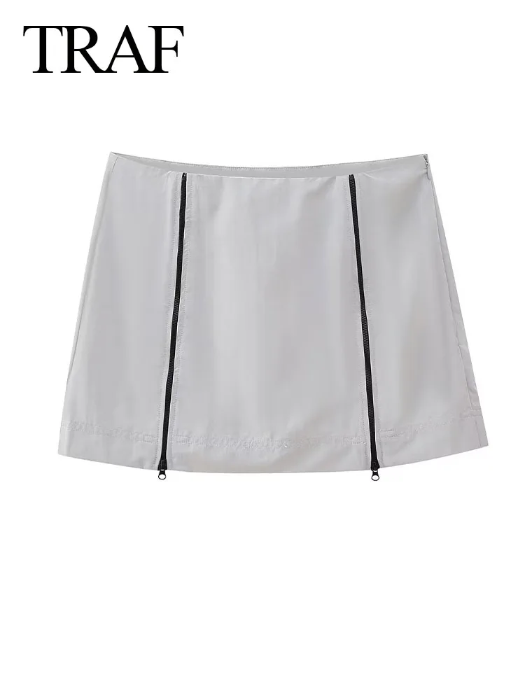 

TRAF 2023 Women's Fashion Summer Slim Mini Skirts Grey High Waist Zipper Decorate Female Streetwear A-Line Nylon Short Skirts