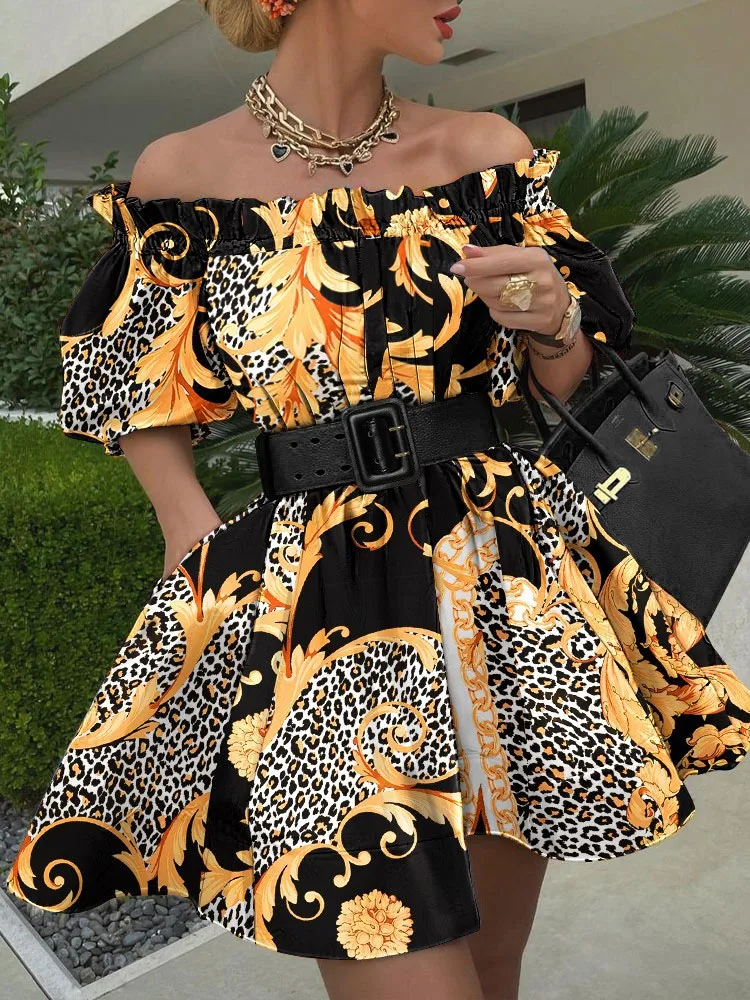 

Lady Elegant Lantern Sleeve Mini Dress Retro Print Backless Party Dress Women Sexy Off Shoulder Ruffle Loose Belted Tunic Dress