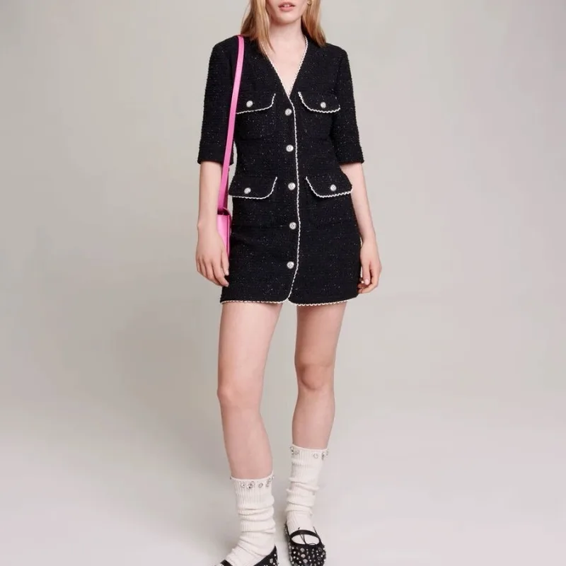

VII 2023 брендовая Осенняя Женская одежда, черное блестящее шелковое твидовое однобортное модное платье с цветными заклепками и кружевом, предложение бесплатной доставки