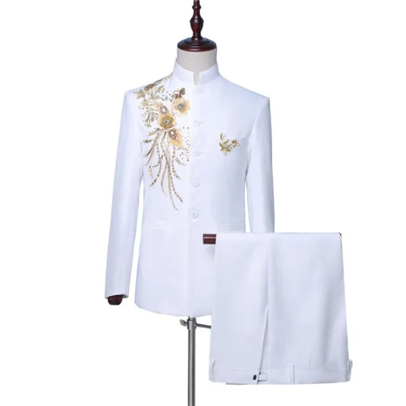 

Sequin embroidery blazer men groom suit set with pants mens Chinese tunic suit costume singer stage clothing formal dress 997