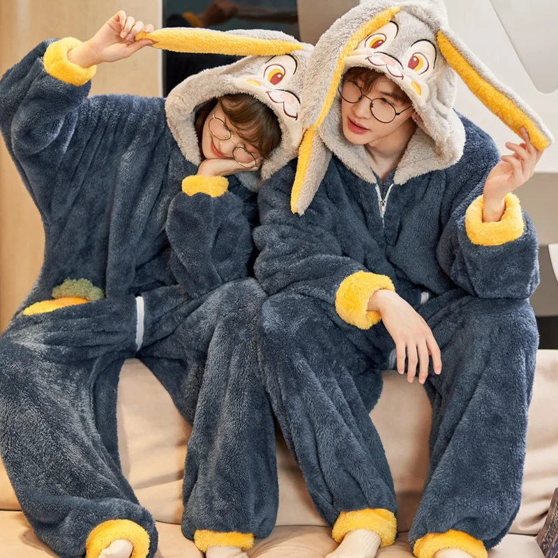 2022 Couples Pajamas Jumpsuits Sleepwear Women Men Winter Thicken Hoodies Cartoon Rabbit Pyjamas Coral Fleece  Loose Soft Warm