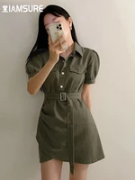 iamsure safari style pockets a line dress with sashes slim turn down collar puff sleeve mini dresses for women 2022 summer lady