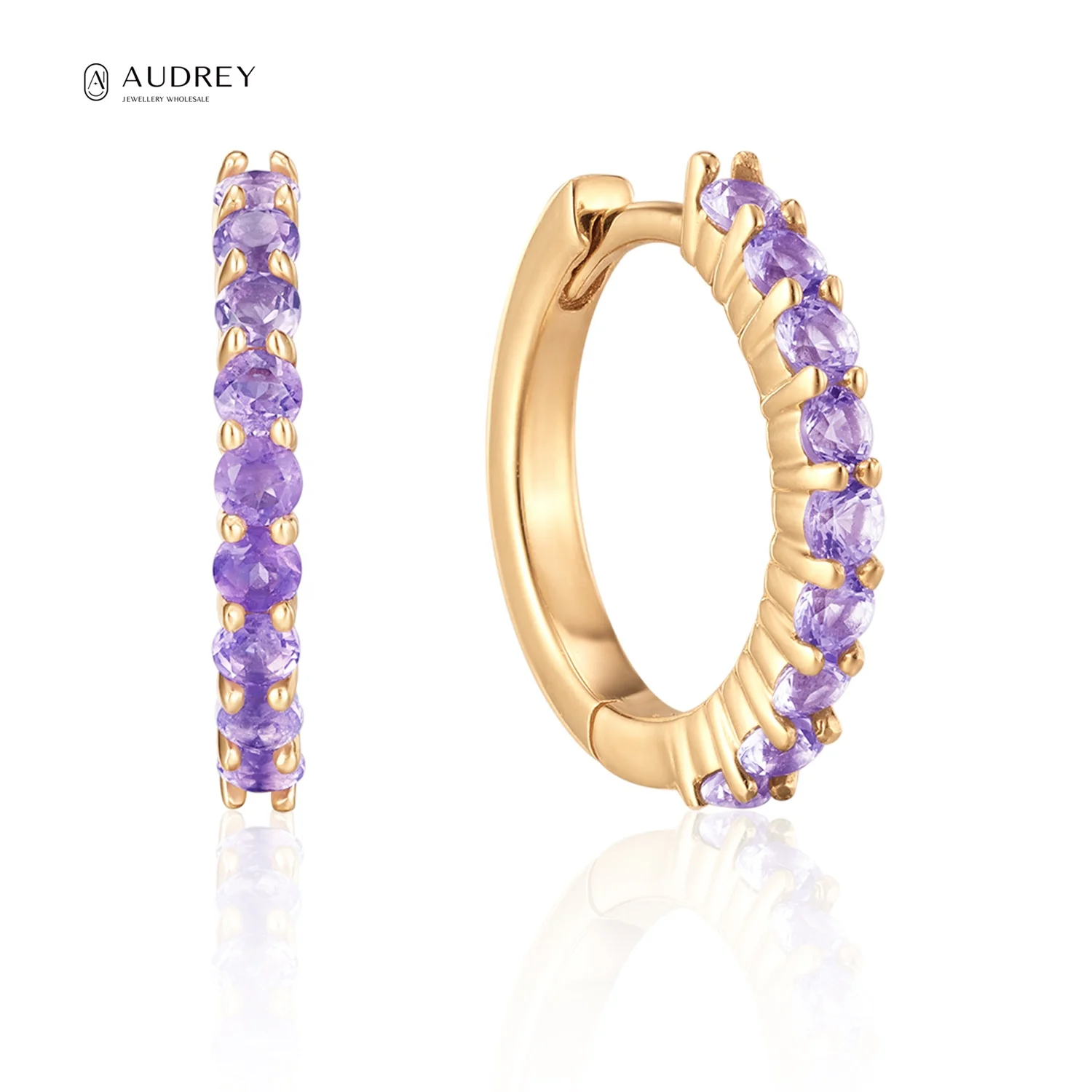 

Audrey Personalized February Birthstone Amethyst Stones Earrings Jewelry Real 14k Solid Gold Small Huggie Hoop Earring For Women