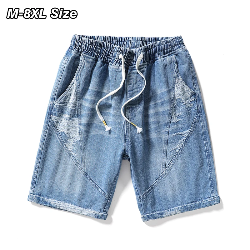 

Plus Size Men's Denim Shorts Summer Baggy Casual Short Jeans Fashion Splicing Drawstring Knee-length Streetwear Black Blue