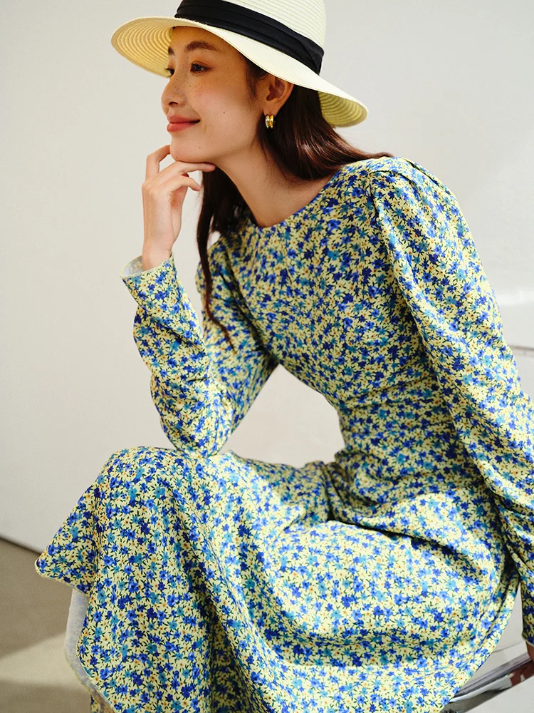 Tokyo Garden Beauty without S Corner 23 Spring/Summer New Round V-neck Bubble Sleeve Printed Waist Pulling Dress