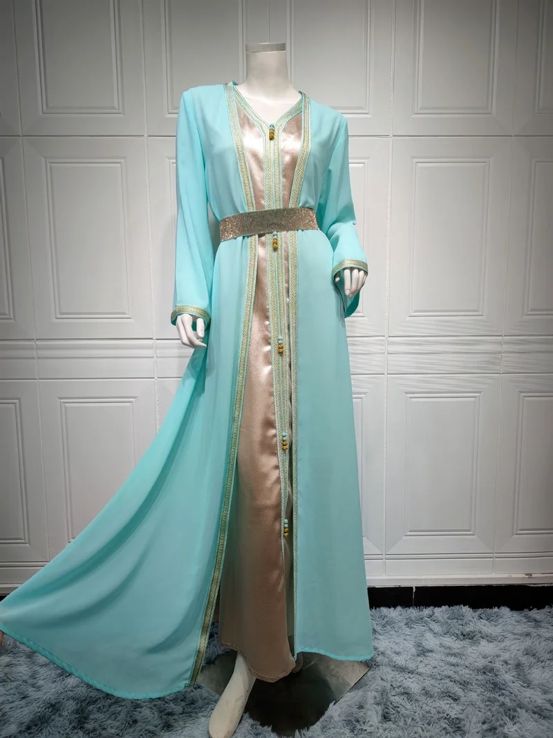 Diamonds Takchita Moroccan Kaftan Jalabiya Women Chiffon Cadigan Satin Inner Dress Dubai Arab Muslim Party Wedding Gown Ramadan