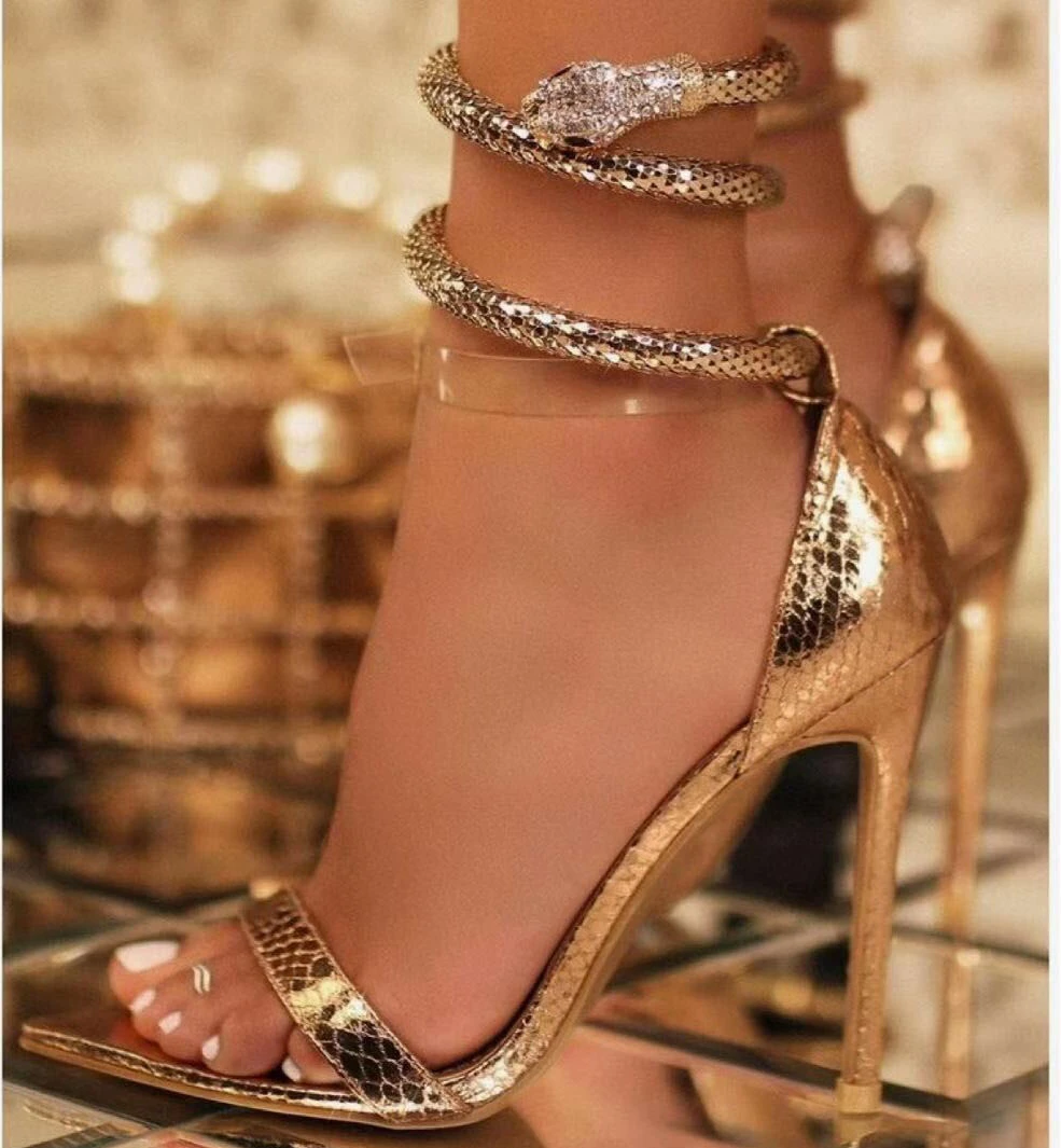 

Women Golden Snake Wrapped Sandals Wildness Pointed Toe High Heel Sandals Luxurious Ladies Summer Shoes 12 Cm Stiletto Sandals