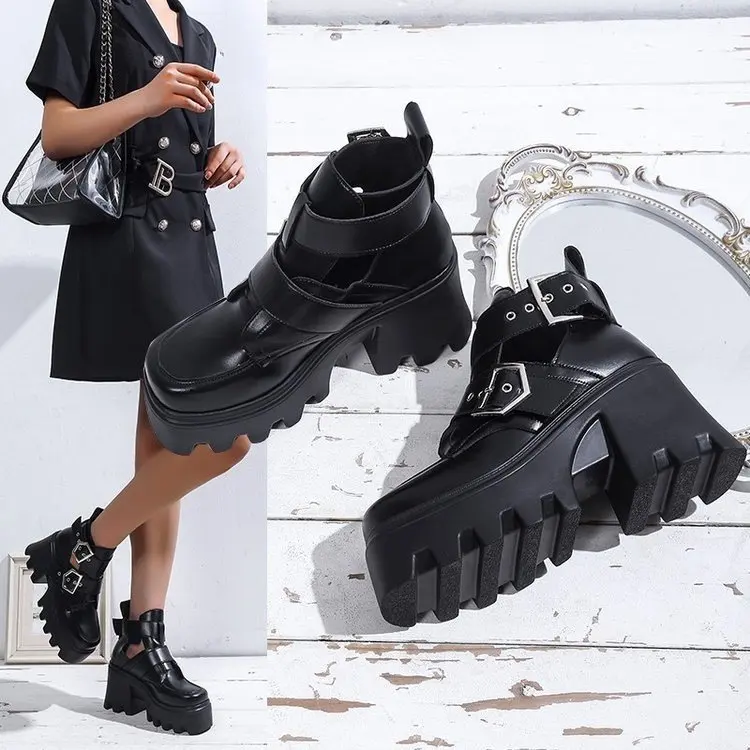 

Deep-mouth Muffin Bottom Women's Boots New Flat-bottomed Thick Round Head-shaped Toe-toe Solid-color Ring Foot Buckle Belt Shoes
