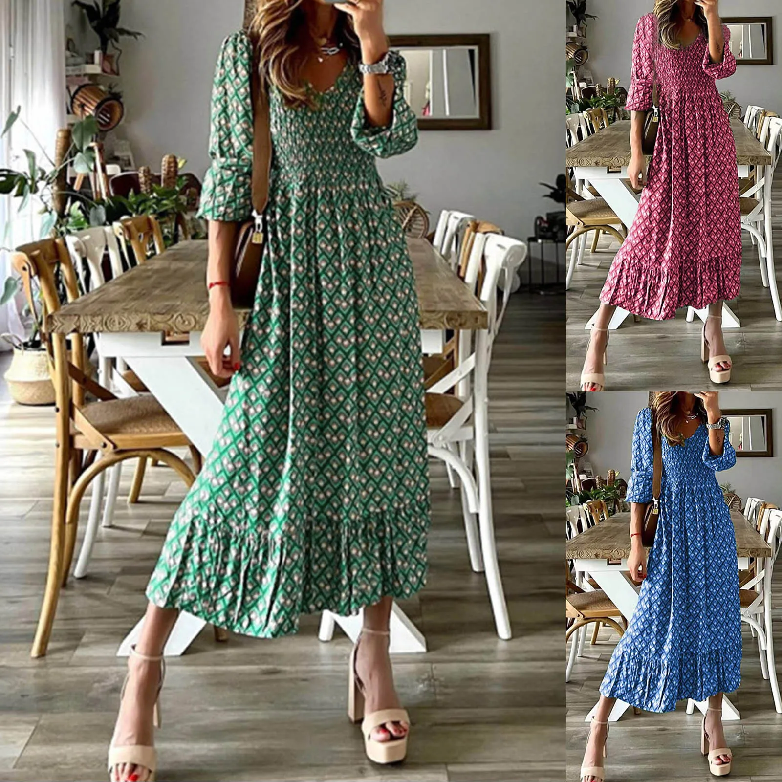 

Womens V Neck Long Sleeve Dress Printed Tunic Bohemian A Line Maxi Casual Striped Dresses for Women Womens Dresses