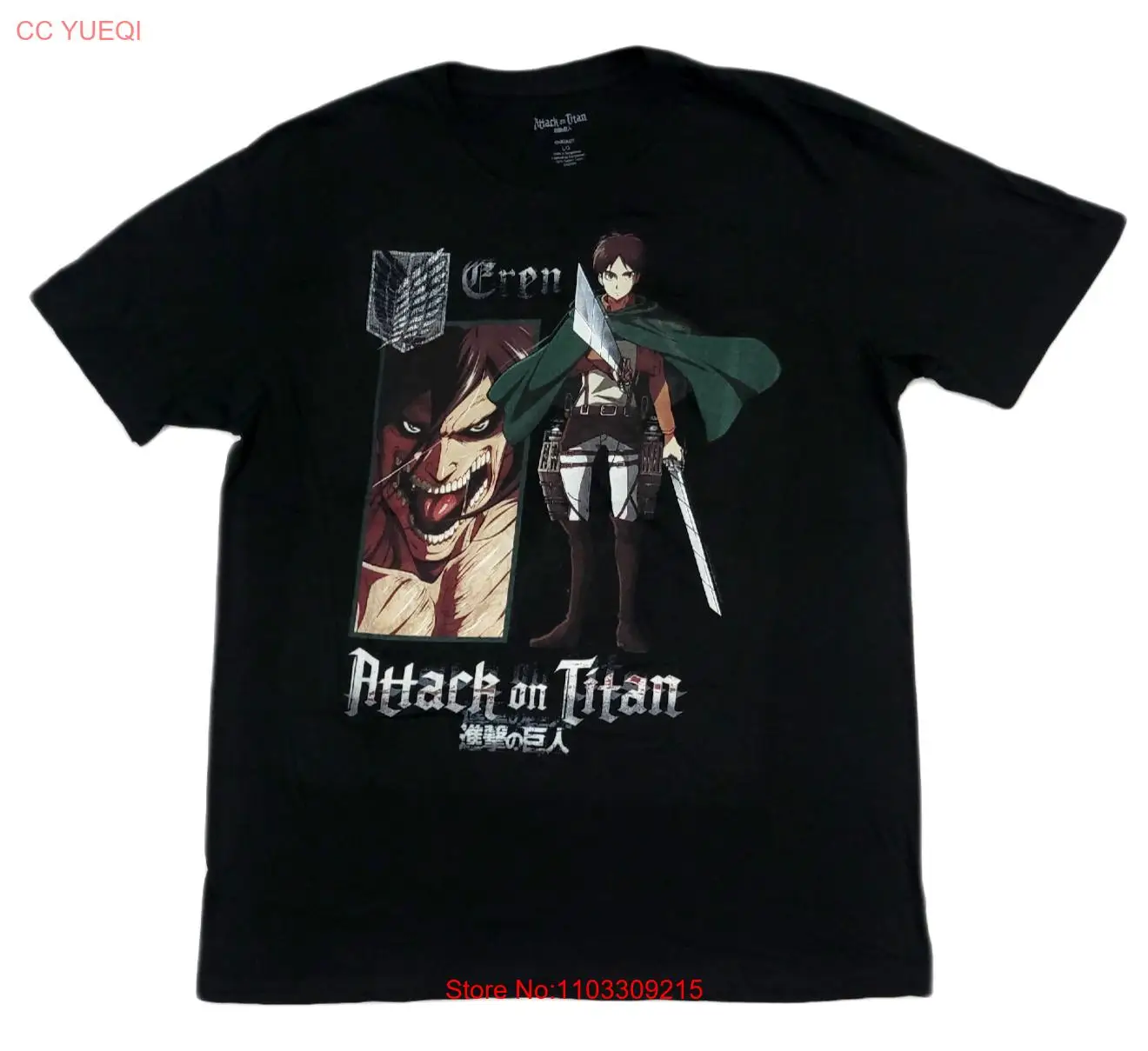 Черная футболка с рисунком Атака Титанов Эрен Йегер NWOT размер L манга аниме