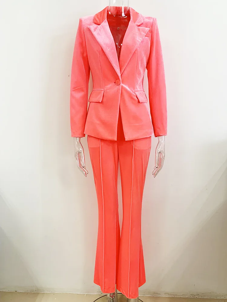 

Tangerine Velvet Blazer Pants Set Women Suit Осень Зима Новая куртка на одной пуговице + расклешенные брюки из двух частей Офисный женский костюм
