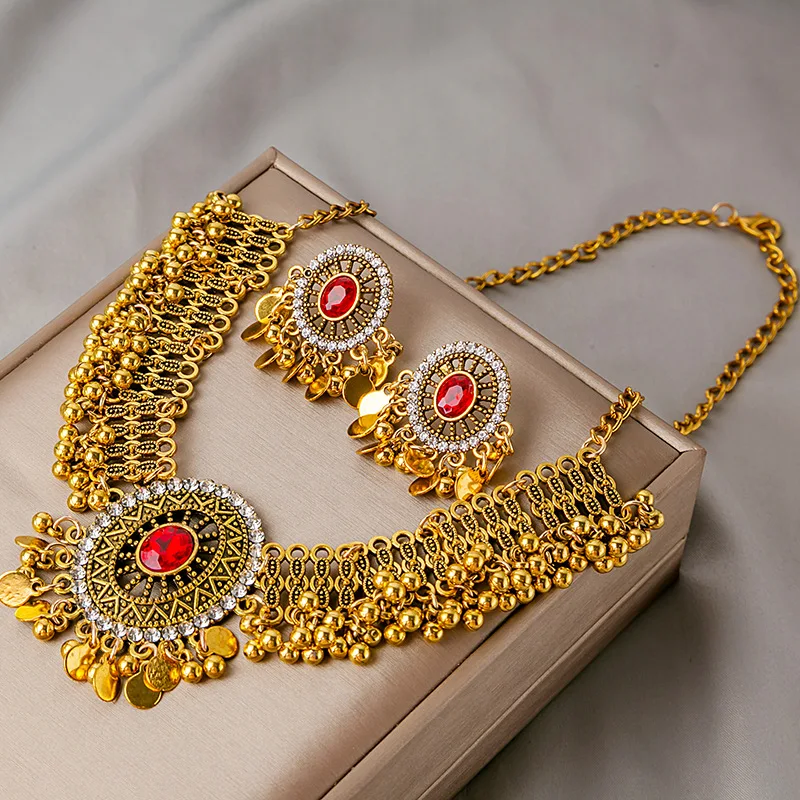 

Luxury Retro Crystal Bridal Jewelry Sets for Women Ethnic Indian Gold Plated Wedding Necklace Earrings Sets Valentine's Day Gift
