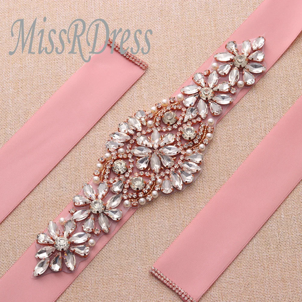

MissRDress Rhinestone Bridal Belt Rose Gold Crystal Wedding Belt Pearls Wedding Dresses Sash For Bridal Accessories JK824