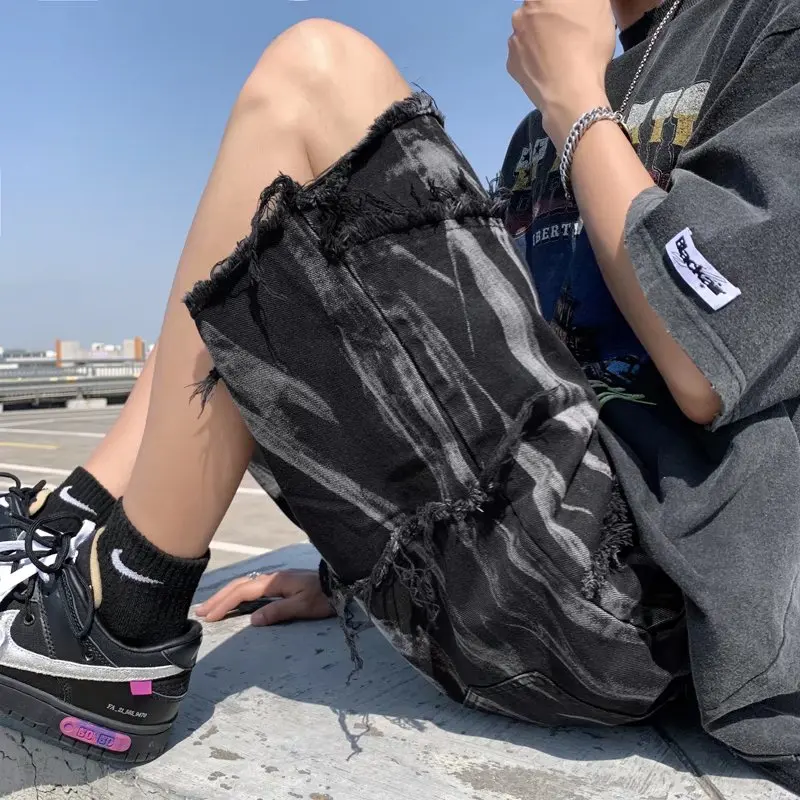 

Raw edge tie-dye denim shorts men's design sense niche high street pants summer men's American street style five-point pants