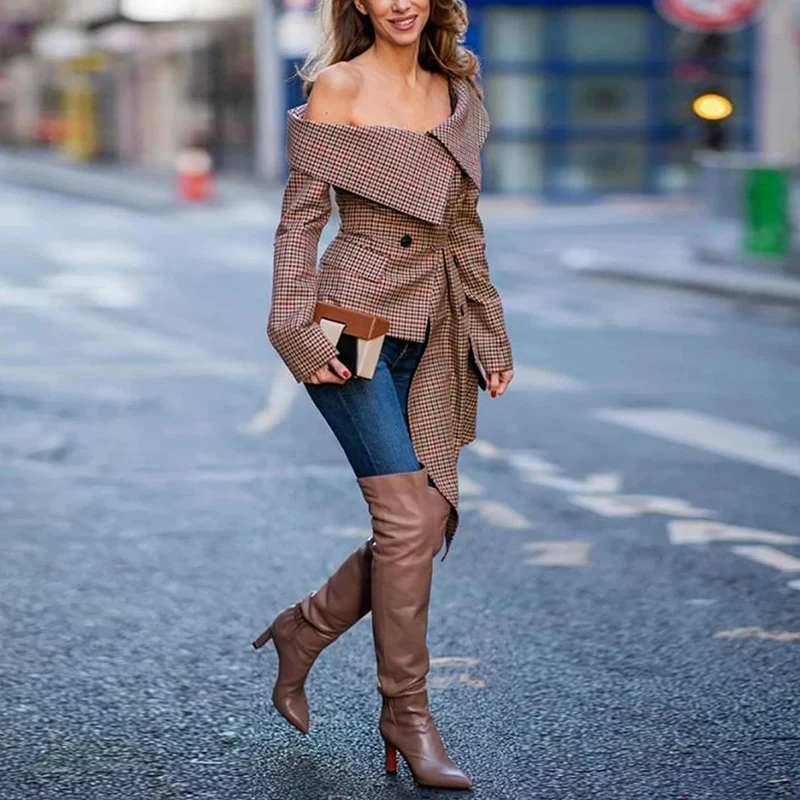 Sexy 2023 Ladies Elegant Off-shoulder Jacket Loose Check Irregular Shawl Lapel Plaid Jacket Cool Slim Female Autumn Coat