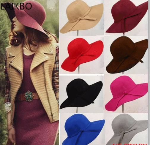 

Vintage Lady Wide Brim Wool Felt Hat Womens Floppy Felt Bowler Cloche Cap