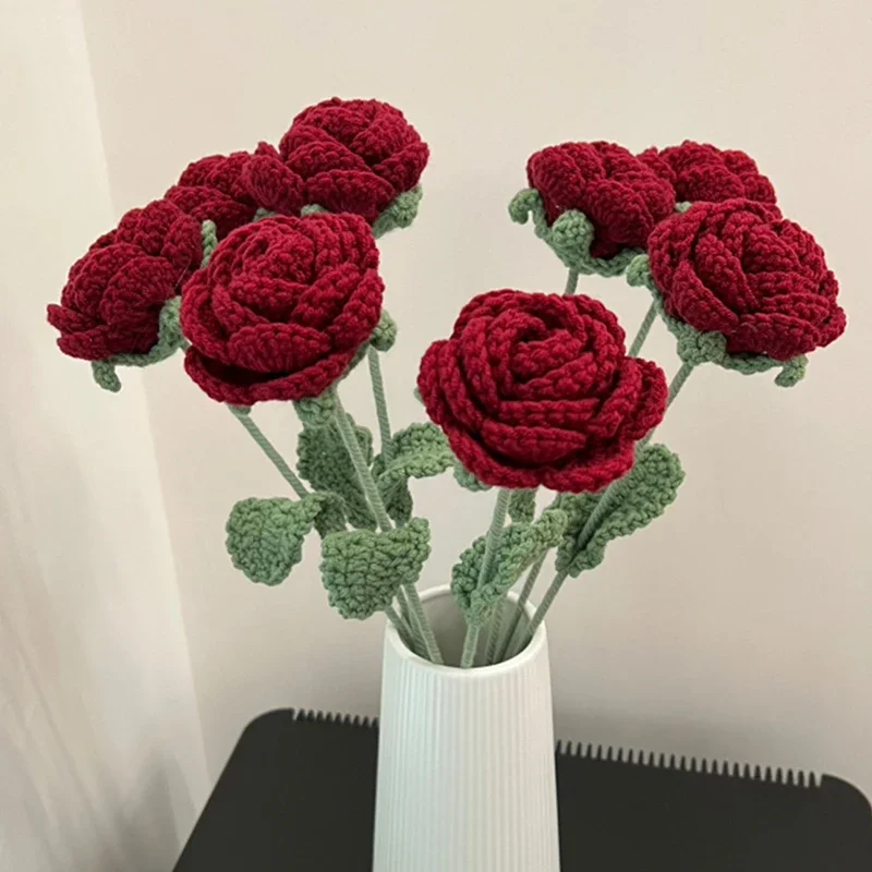 Novo Buquê De Flores Crochê Feito À Mão Malha Rosa Vermelha Flor Artificial Falsa Natal Festa Casamento Decoração Casa 1 шт.