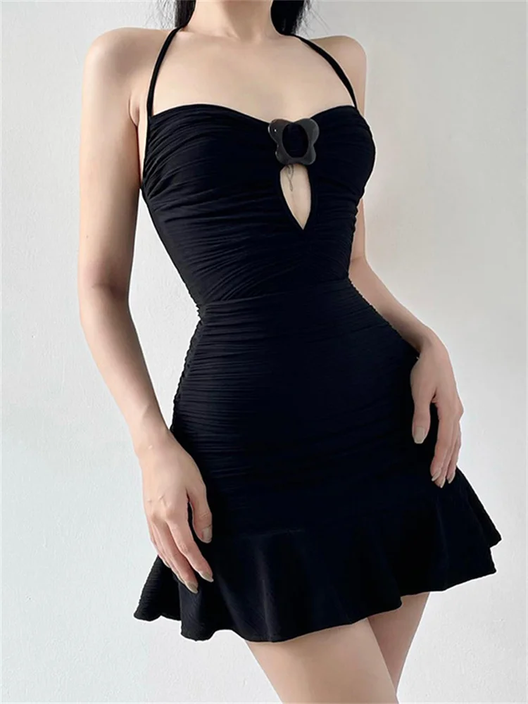 

2023 Dark Fairycore Hollow Out Sexy Mini Dresses Y2k Ruched Halter Women Partywear Gothic Frill Backless Bodycon Evening Dress