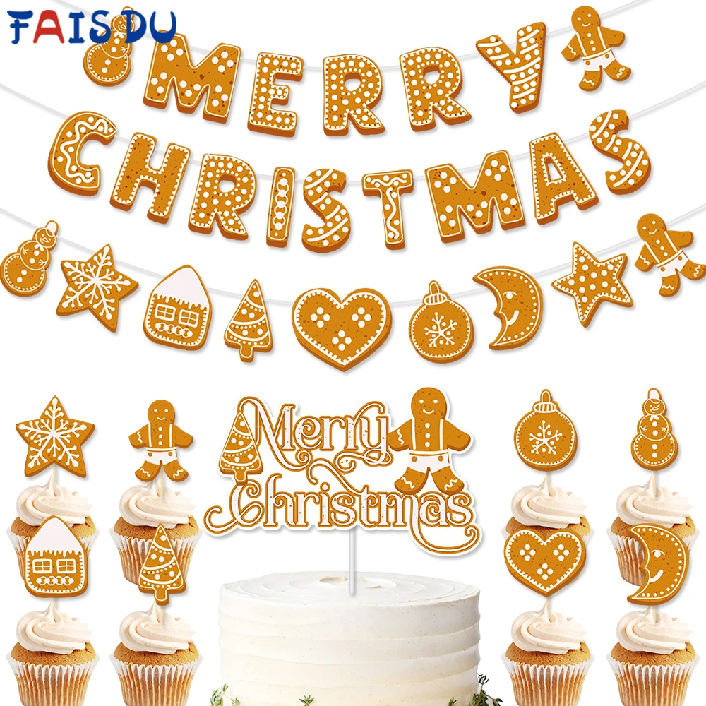 

FAIS DU Christmas Banner Vintage Cake Ornament Paper Insert Gingerbread Cute Indoor Party Accessorie Multipurpose Decoration Set