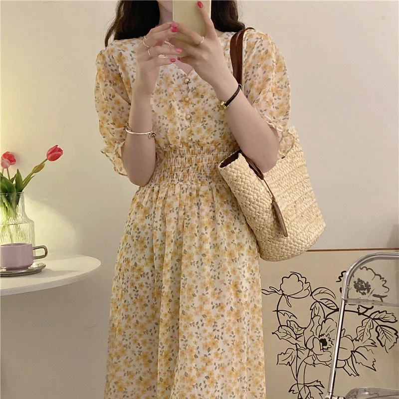 

Vestidos De Mujer Casual 2022 Verano Floral Chiffon Dress Women's Bubble Sleeve V-neck High Waist Dresses Female Beading Sweet