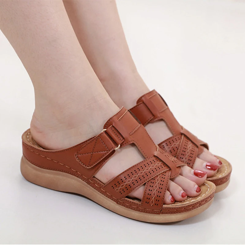 PU Leather Wedge Sandals And Slippers Women Cross Strap Platform Summer Outdoor Mother Shoes Comfy Sandales Femmes Ete 2022