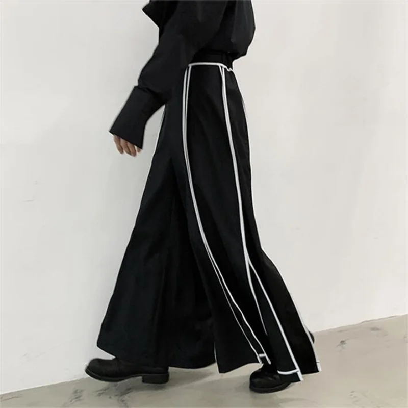 

Spring pants mens catwalk style casual white edging line slit wide leg trousers flared culottes hairdresser black singer stage