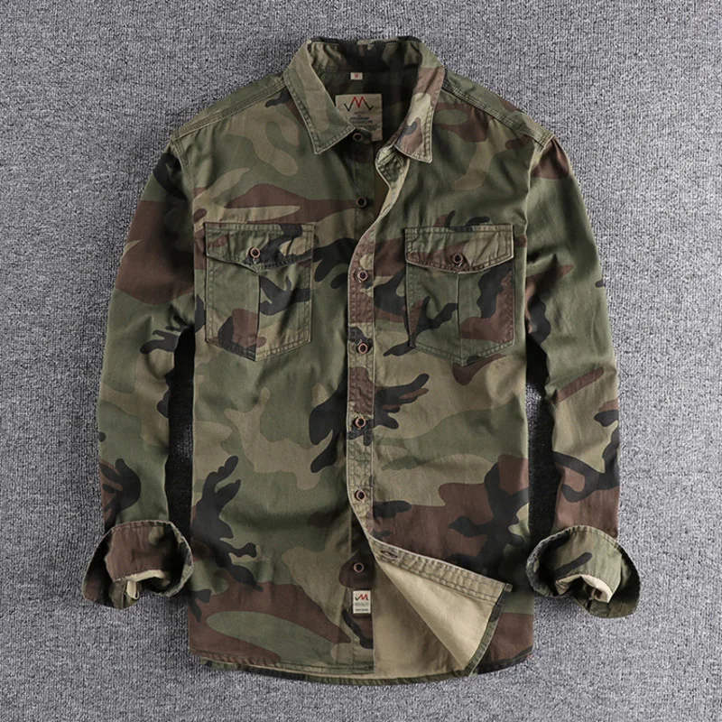 Men Cargo Military Shirts Blue Camouflage Cotton Washed Streetwear High Quality Work Safari Style Male Long Sleeve Shirt Jacket