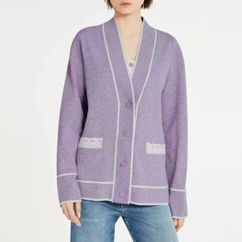 

2022 Women's Purple V-neck Knitting Cardigan with Pockets Autumn and Winter Ladies Casual Loose Single Breasted Sweater