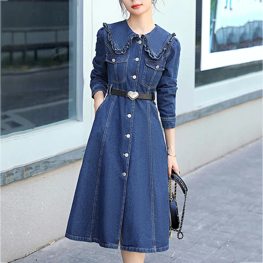 

Женское длинное джинсовое платье-рубашка, повседневное однобортное дизайнерское платье из денима с длинными рукавами в Корейском стиле