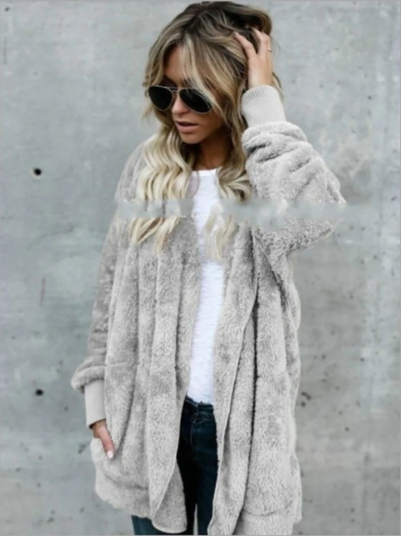 Faux Fur Coat Women 2022 Autumn Winter Warm Soft Long Fur Jacket Outwear Plush Overcoat Pocket Buttonless Cardigan with hood