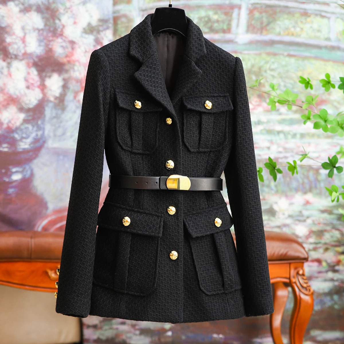 

Fashion Waist Thin Black Wool Blazer 2023 Fall and Winter New Commuter Fashion Lengthened Jacket Office Ladies Women Clothing