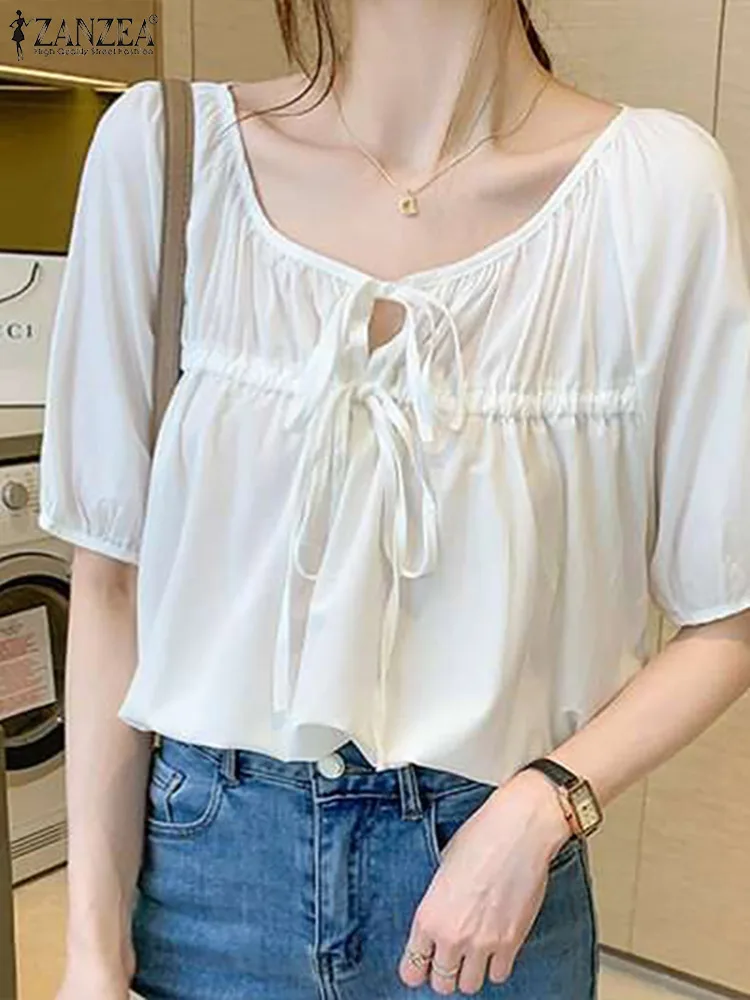 

Элегантная однотонная Рабочая Рубашка ZANZEA, модные летние женские плиссированные топы с коротким рукавом, Повседневная Свободная блузка на ...