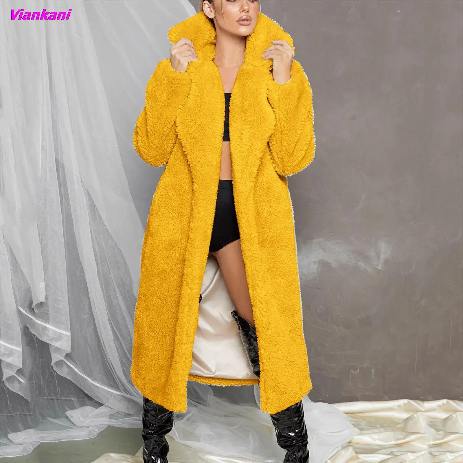 2022 New Faux Lamb Fur Coat Women Autumn Winter Lapel Slim Chic Long Fur Jackets Simple Solid Female Clothing Black Yellow Coats