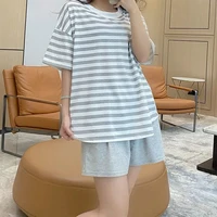 pajamas womens 2 piece set summer 100 cotton korean kawaii nightwear short sleeve striped casual loose homewear set